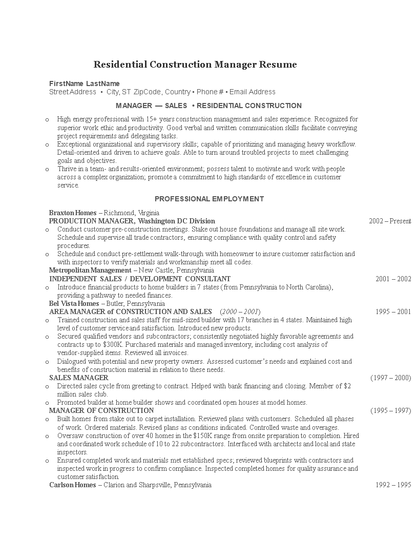 Residential Construction Manager Resume main image