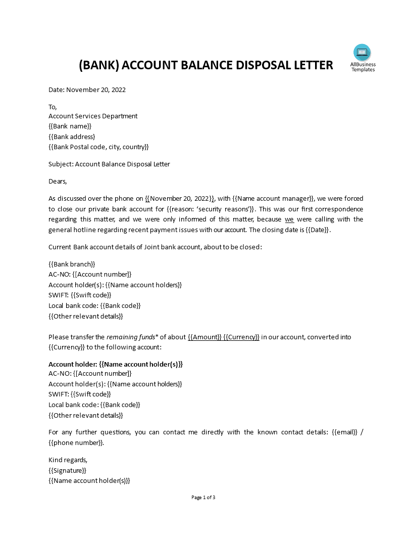 Account Balance Disposal Letter 模板
