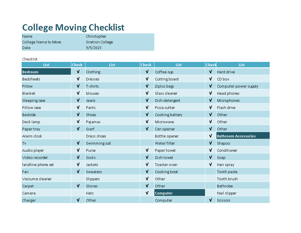College Moving checklist example main image
