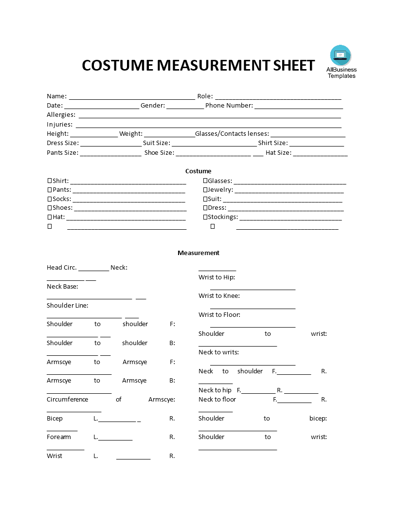 Costume Measurement Sheet main image