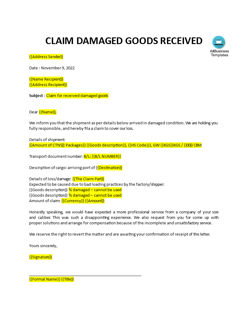 Damaged Goods Claim Letter Template 模板