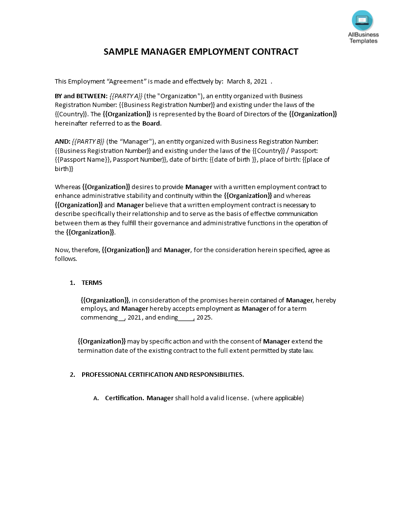 sample manager employment contract template