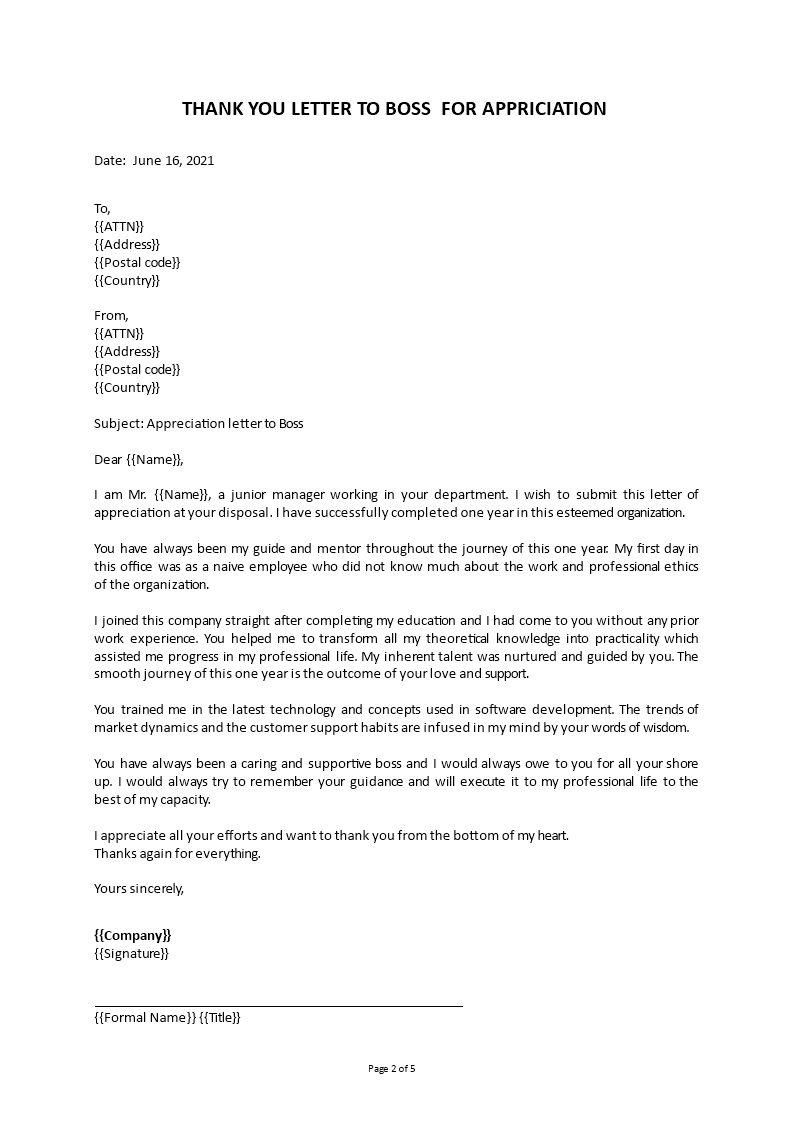 thank you letter to boss for positive improvement team voorbeeld afbeelding 