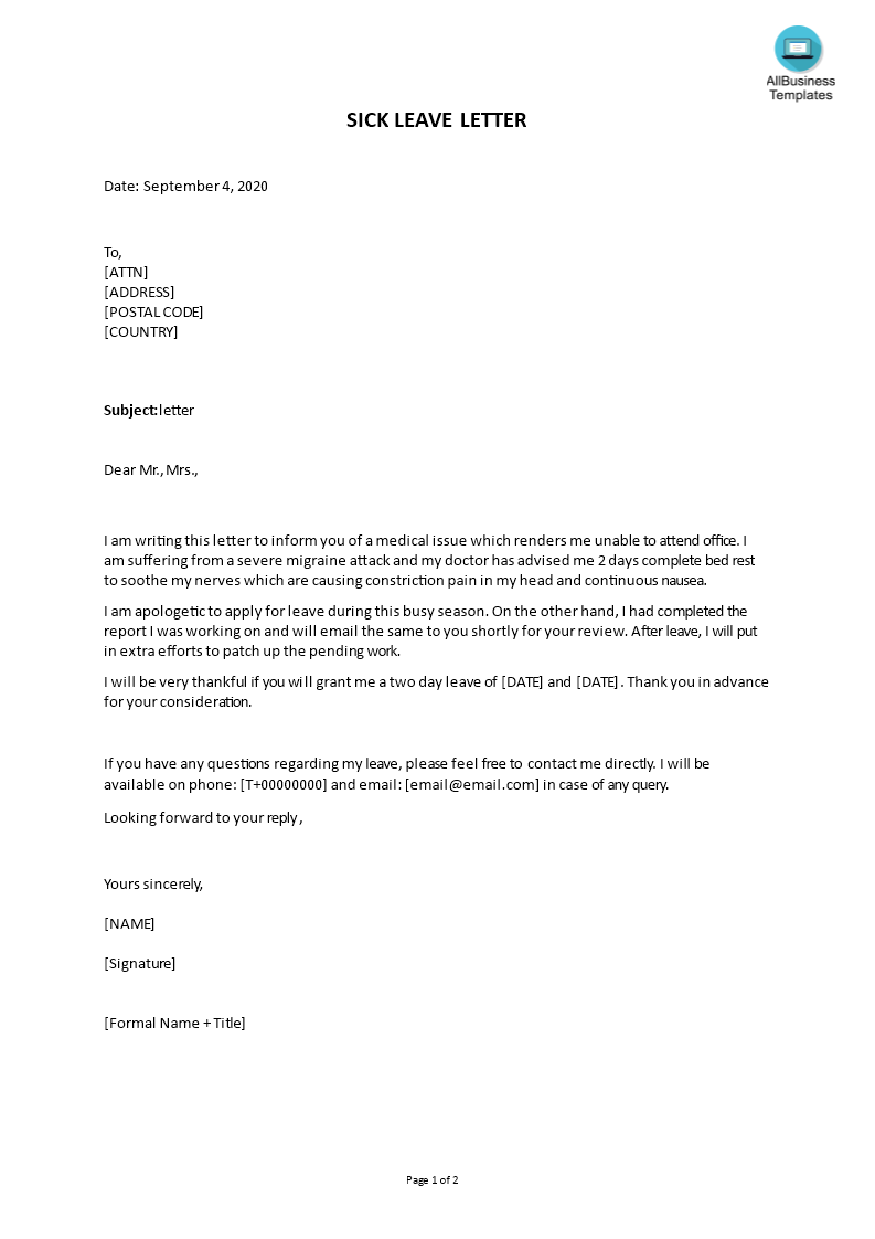 sick leave letter for fever template