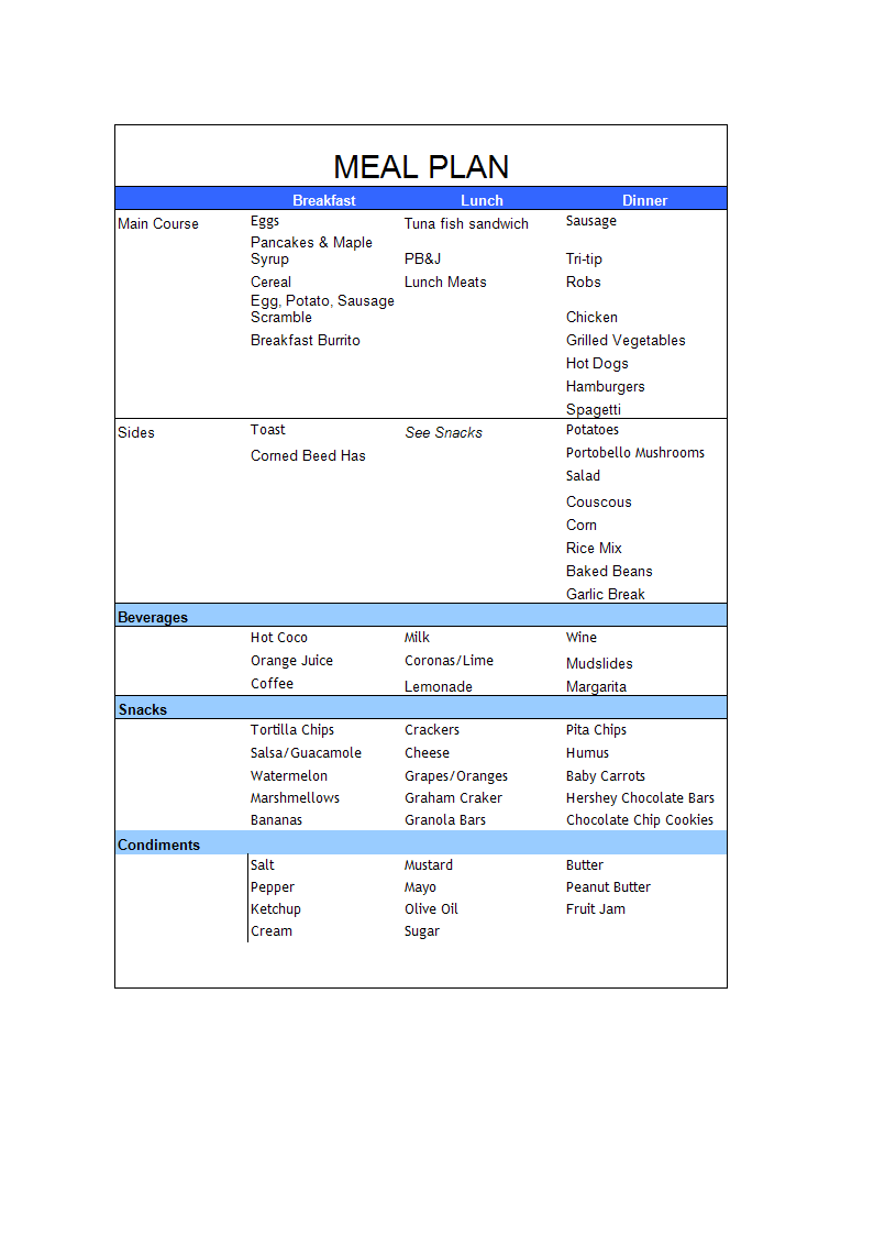 Meal Plan sheet in Excel 模板
