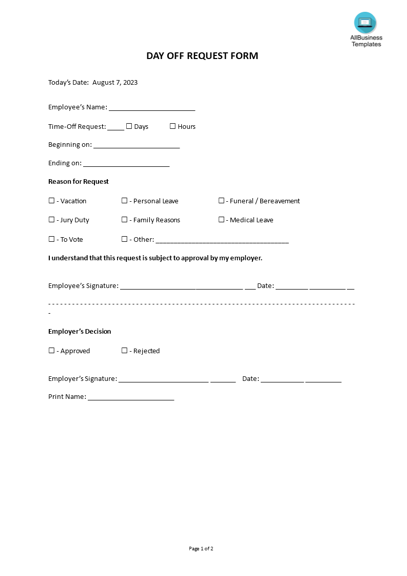 day off request form template