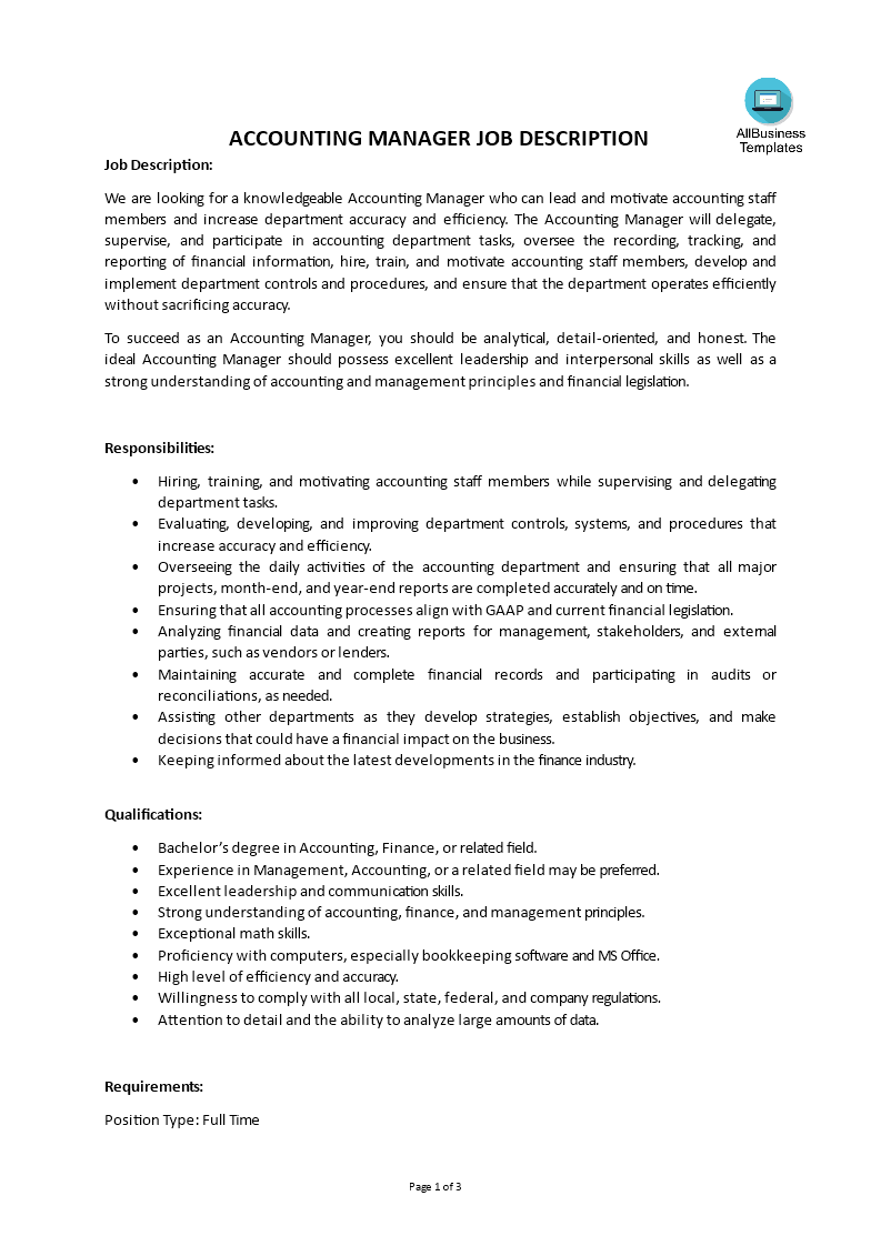 accounting manager job description template