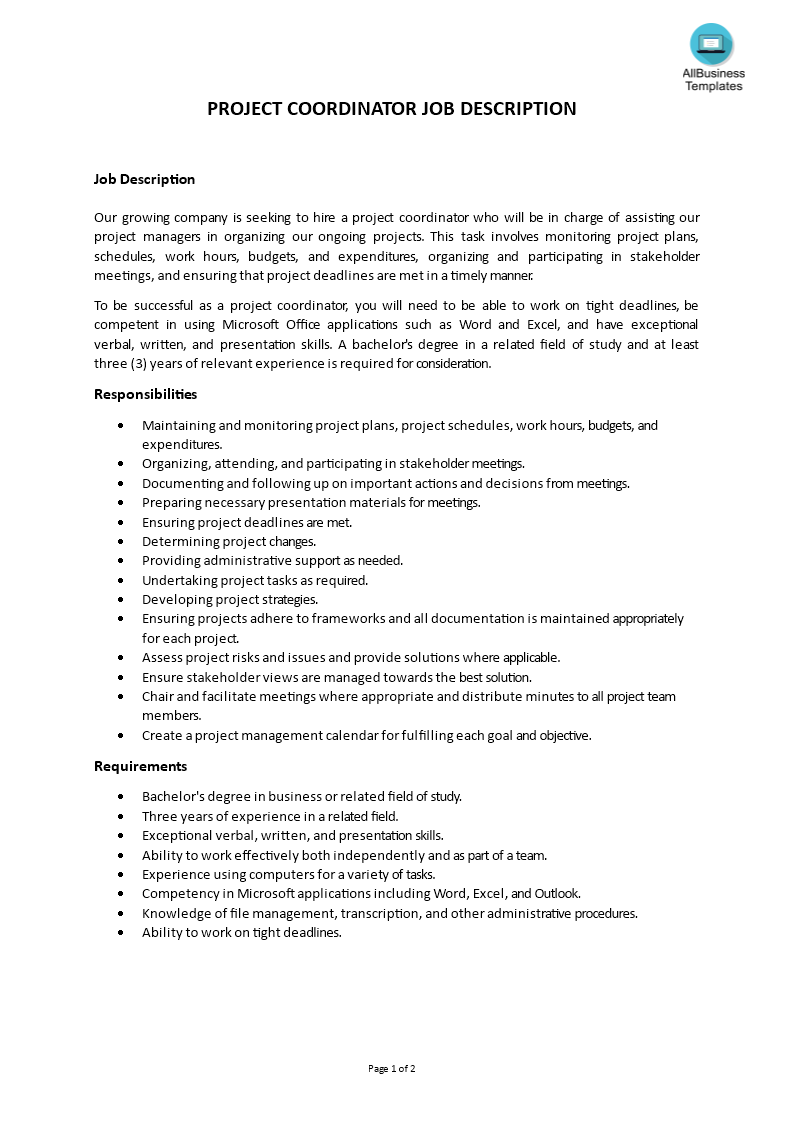 project coordinator job description template