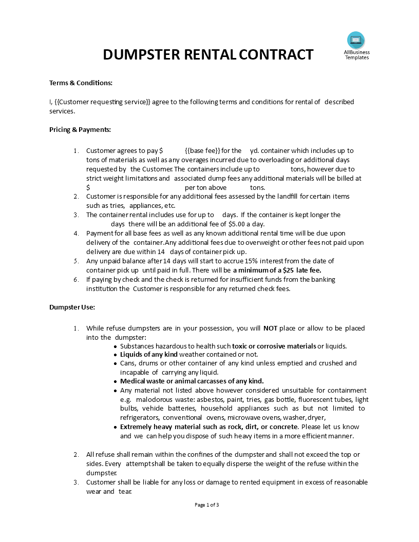 dumpster rental contract template