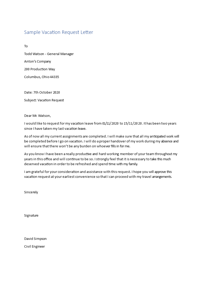Formal Vacation Request Letter main image