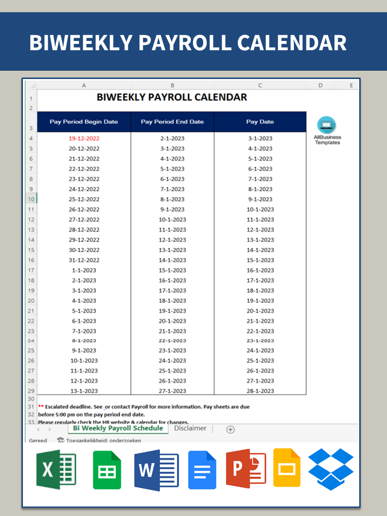Bi-Weekly Payroll Calendar 模板