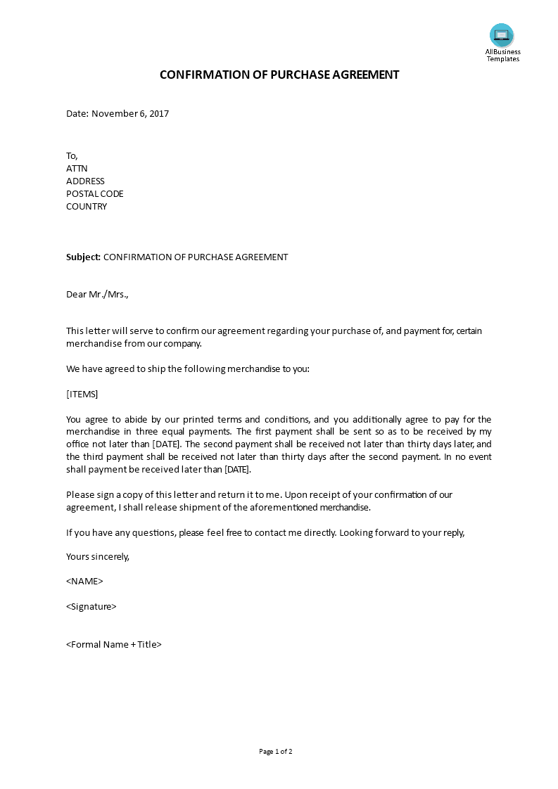 confirmation purchase agreement cover letter template