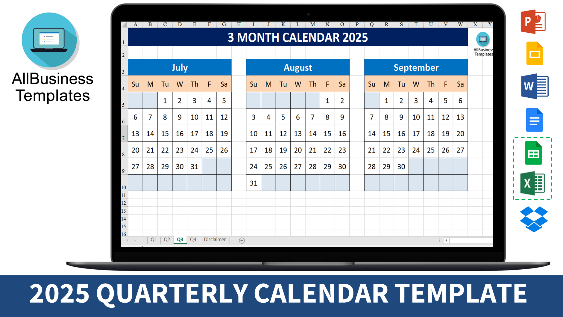 3 Month Calendar 2025 模板