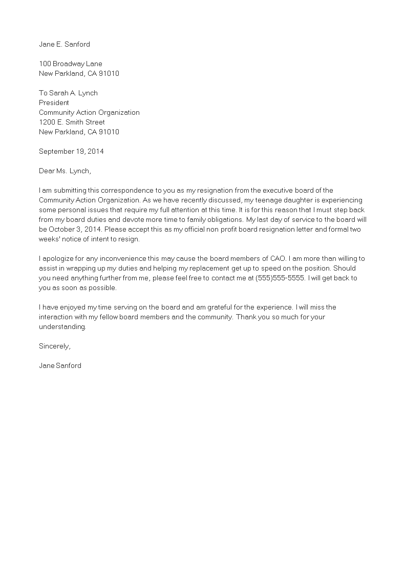 Volunteer Organization Resignation Letter main image