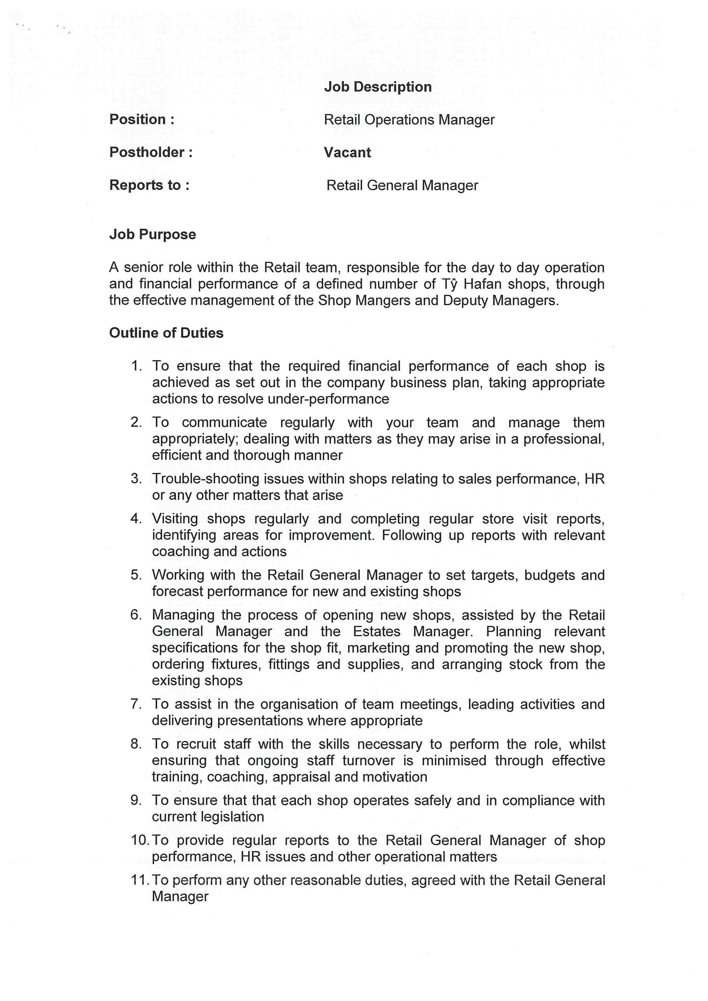 retail general manager job vacancy description template template