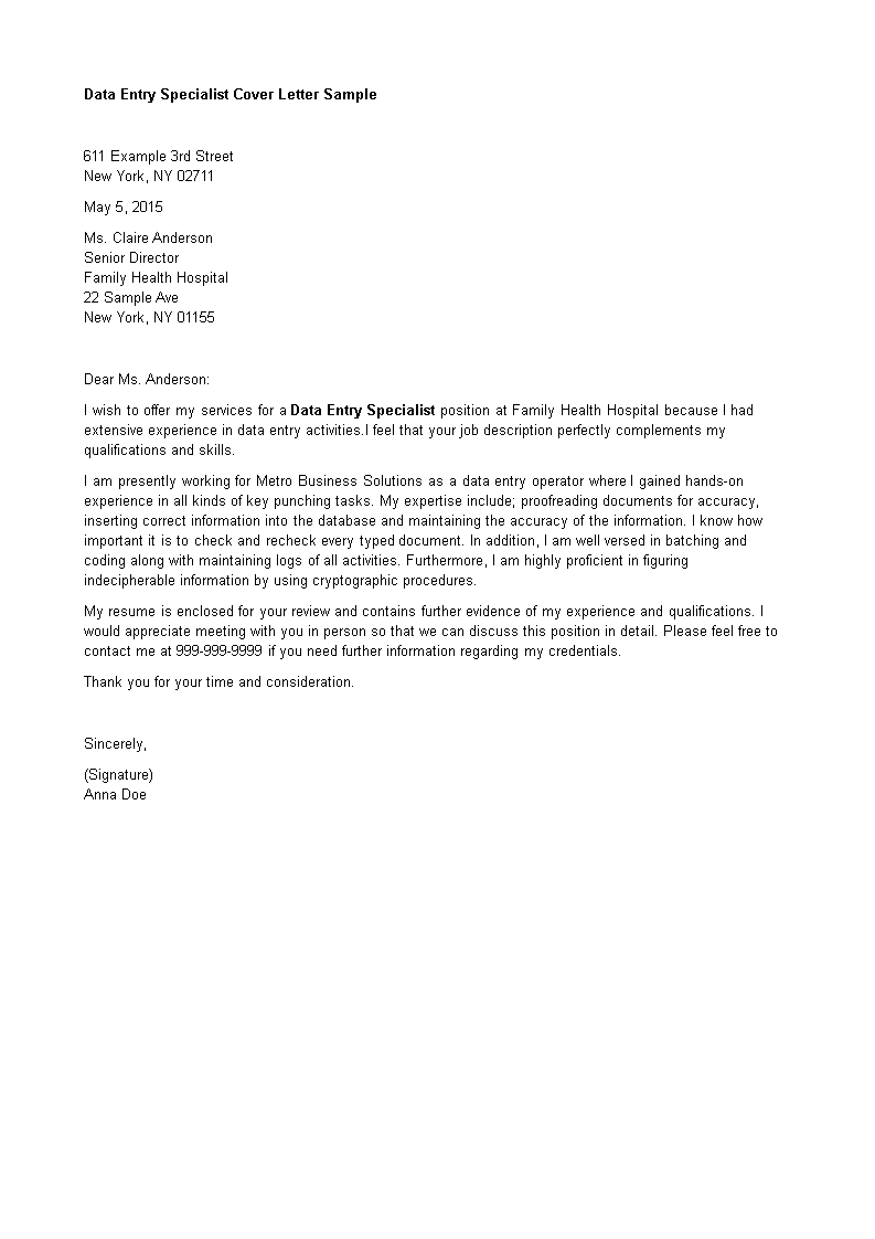 Data Entry Specialist Cover Letter main image