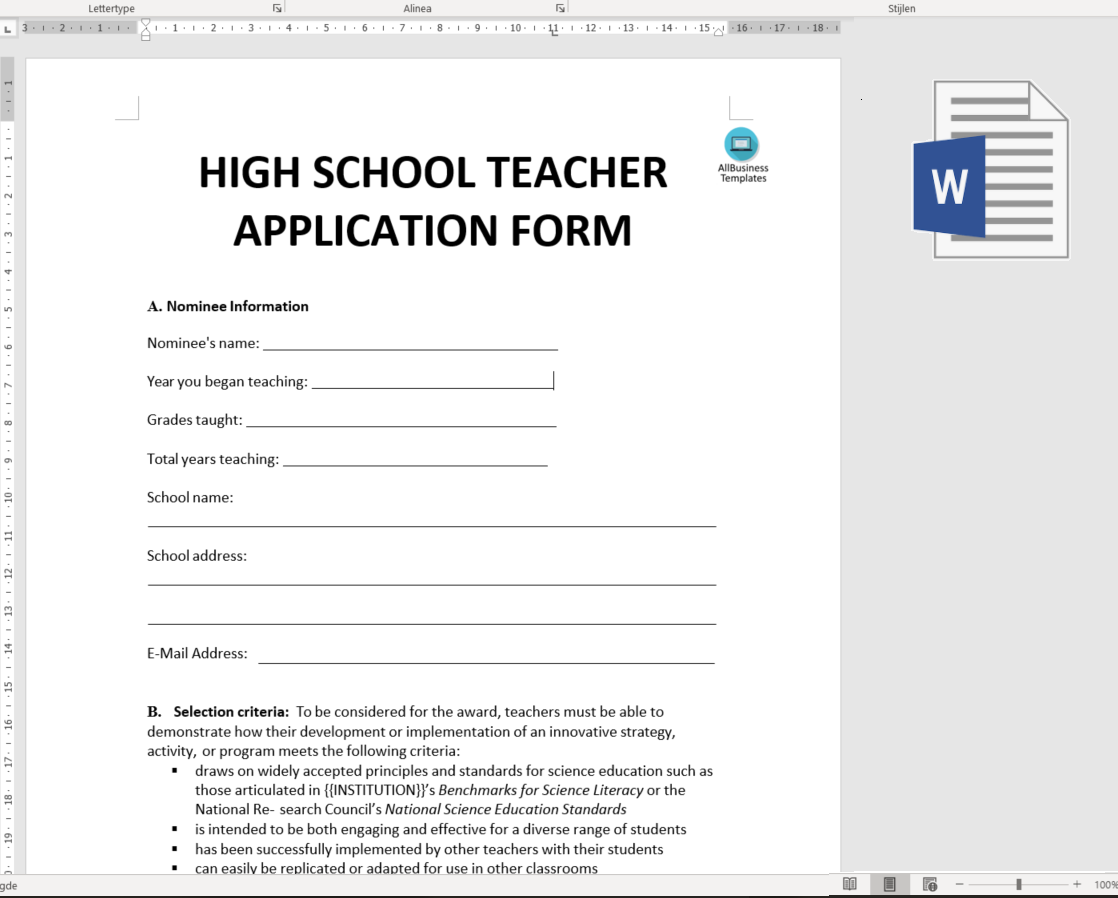 High School Teacher Job Application Form 模板