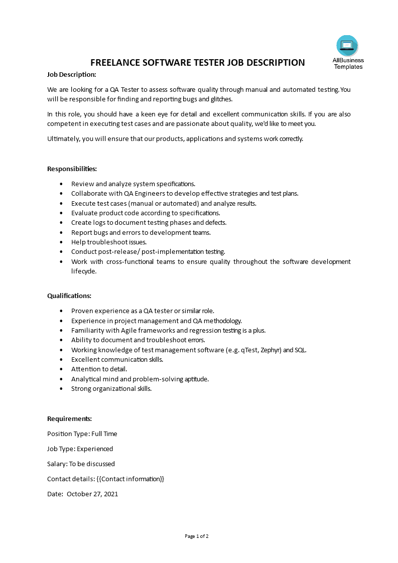 freelance software tester job description Hauptschablonenbild