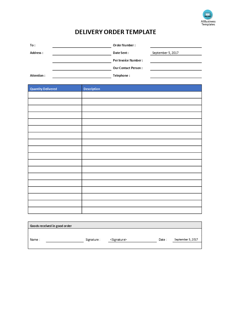 delivery order template template