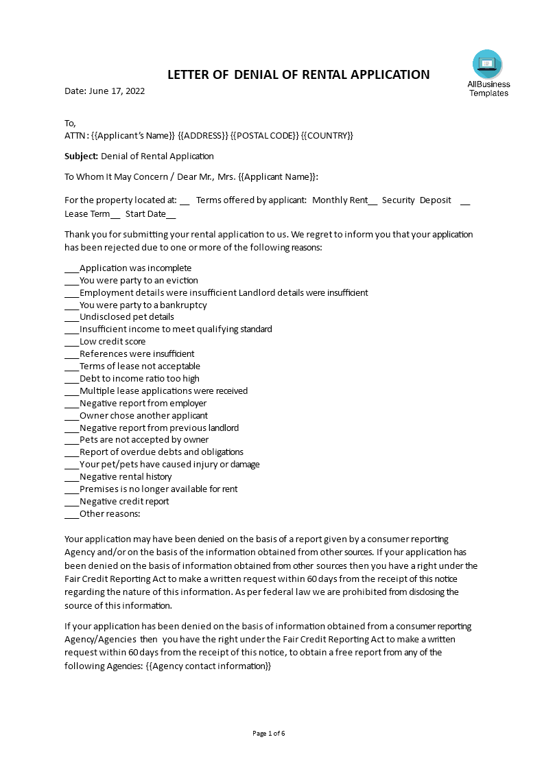 letter of denial of rental application Hauptschablonenbild