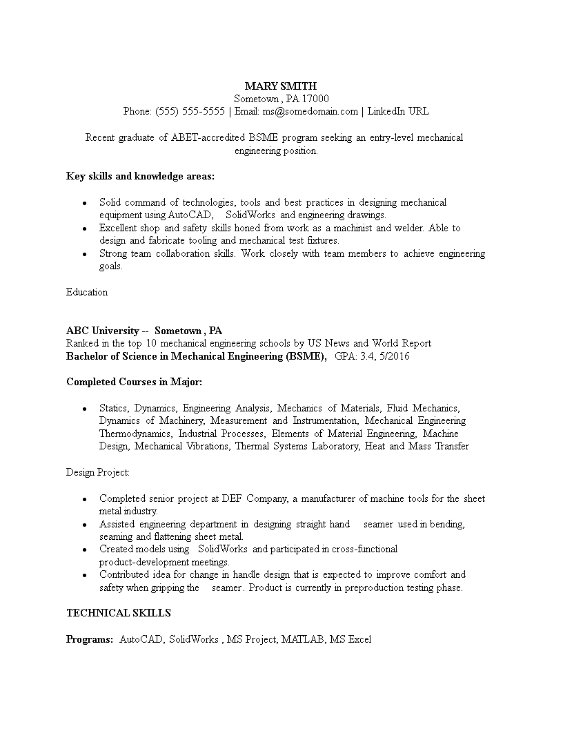 bsme mechanical engineering resume sample template