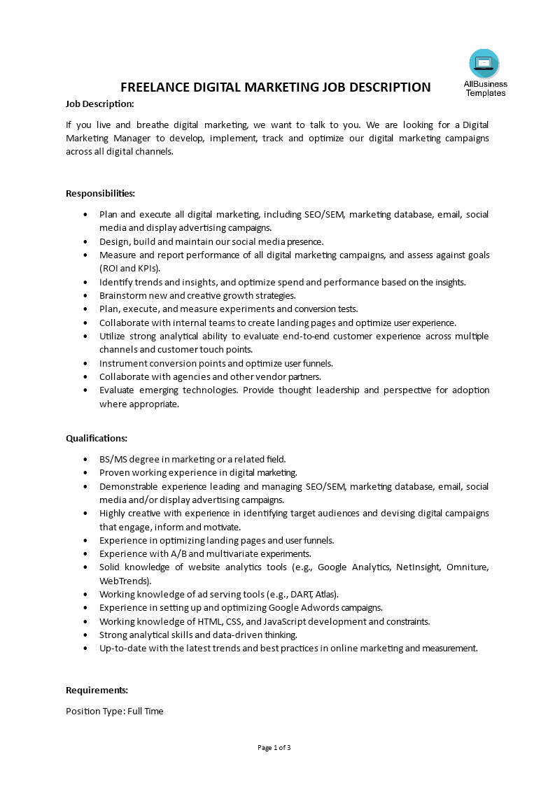 Freelance Digital Marketing Job Description main image