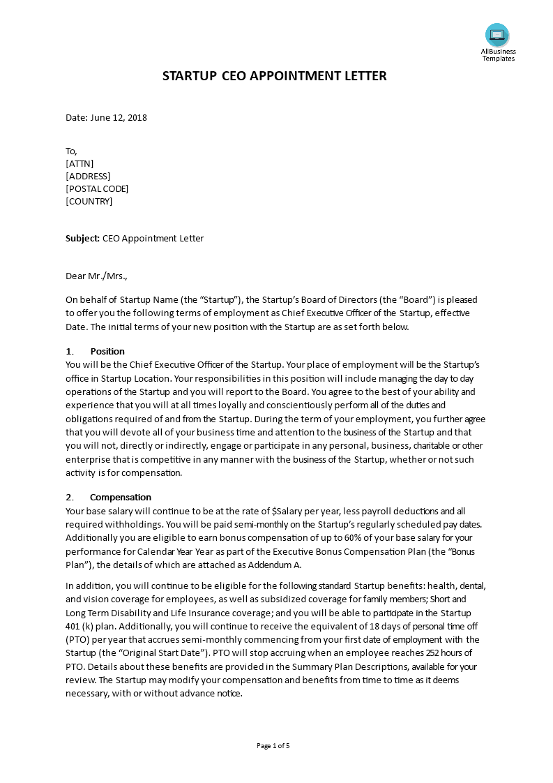 appointment chief executive officer letter template