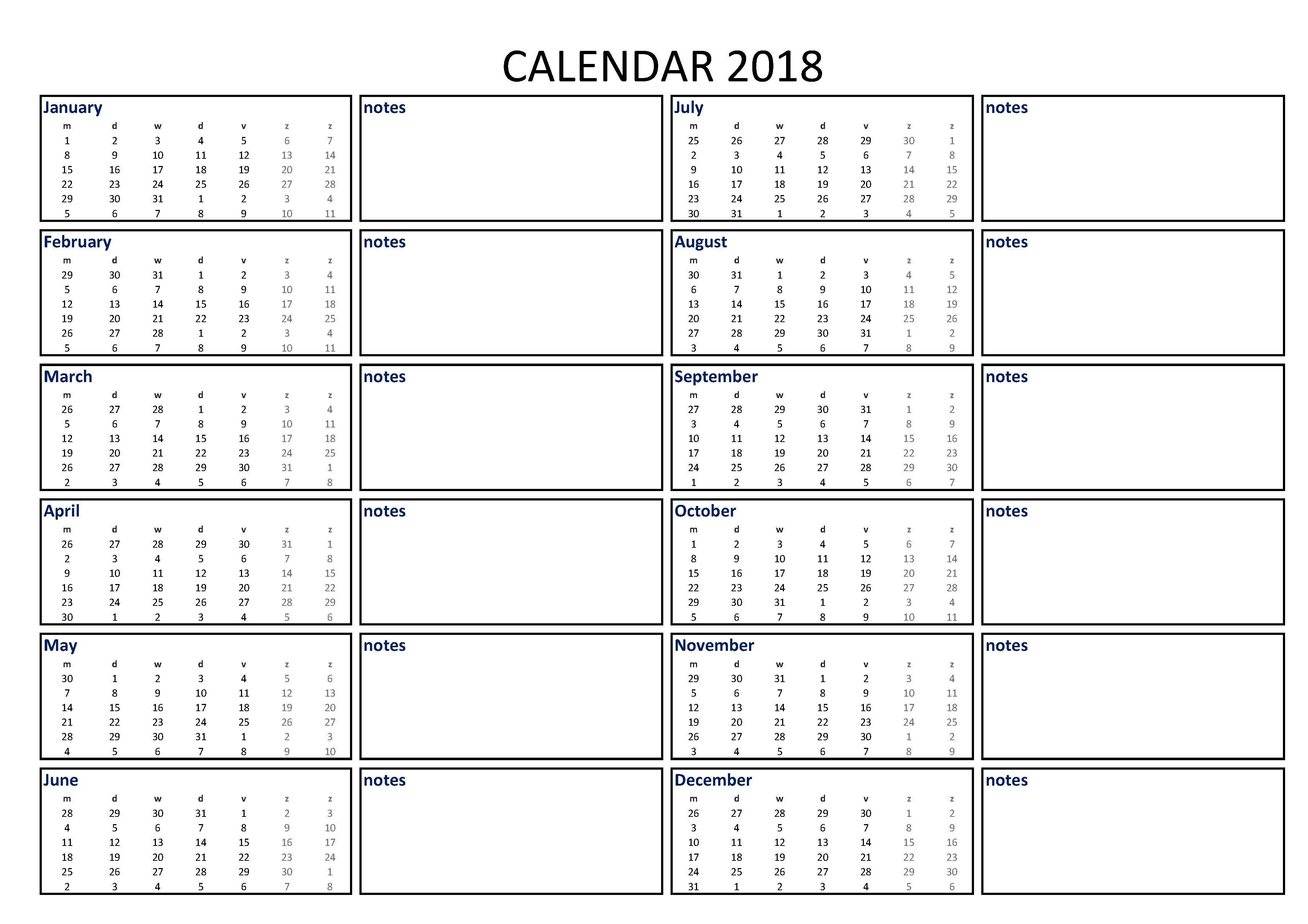 2018 kalender excel template a3 met notities voorbeeld afbeelding 