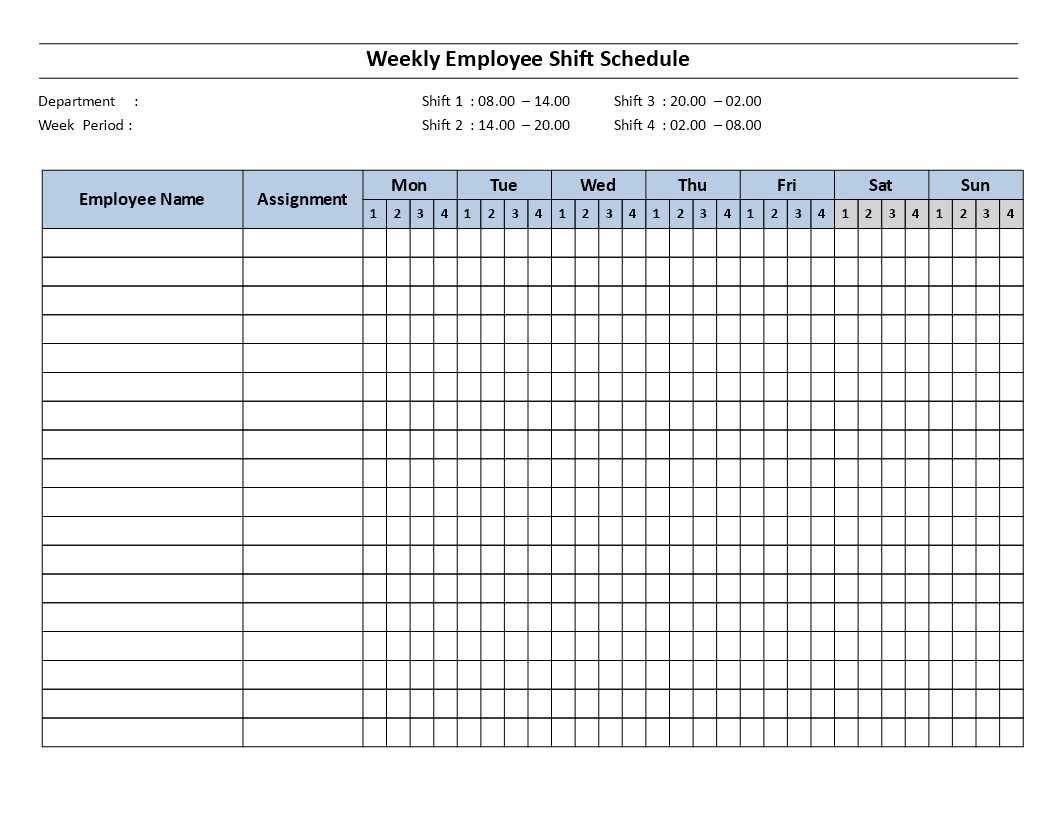 Weekly employee Shift ScheduleMon to Sun 4 Shifts 模板