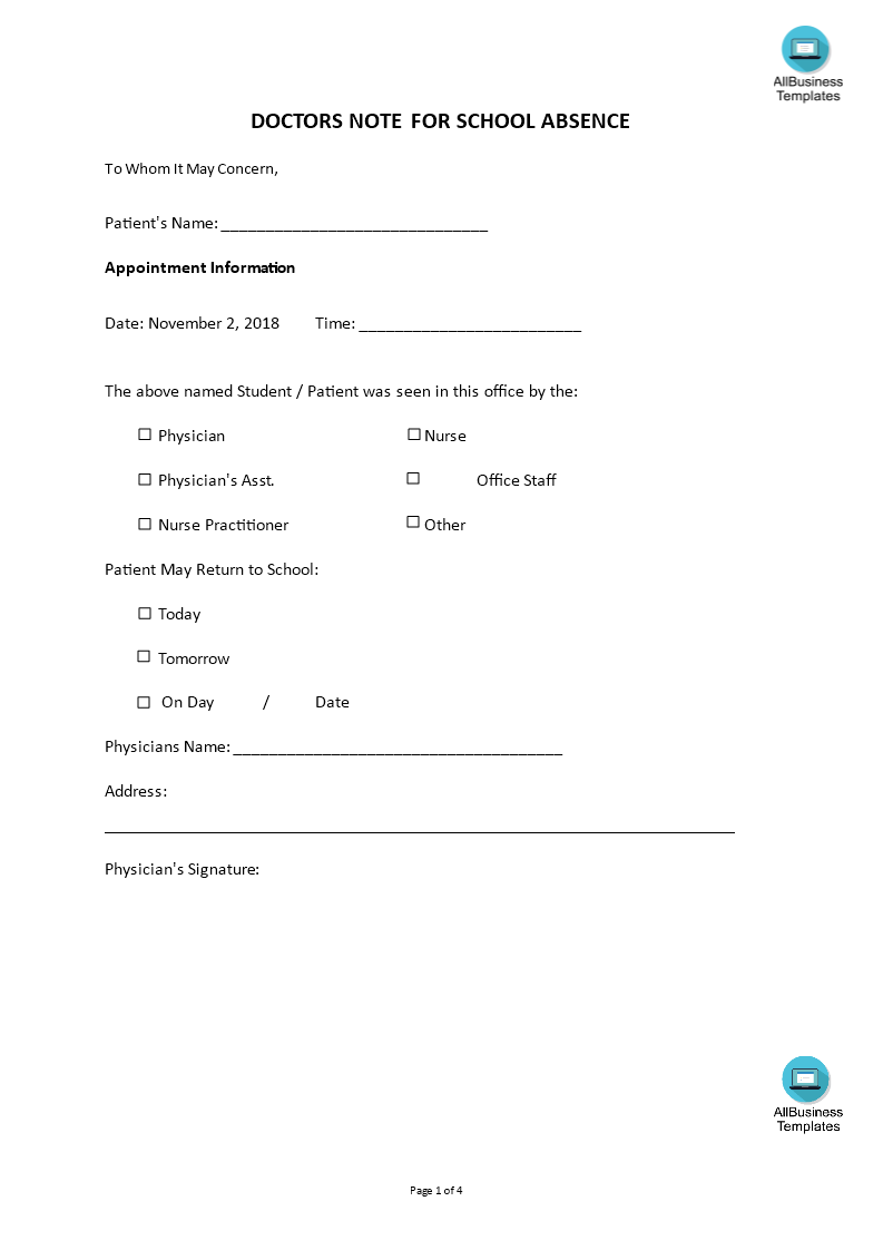Doctors Note For School Absence Template main image