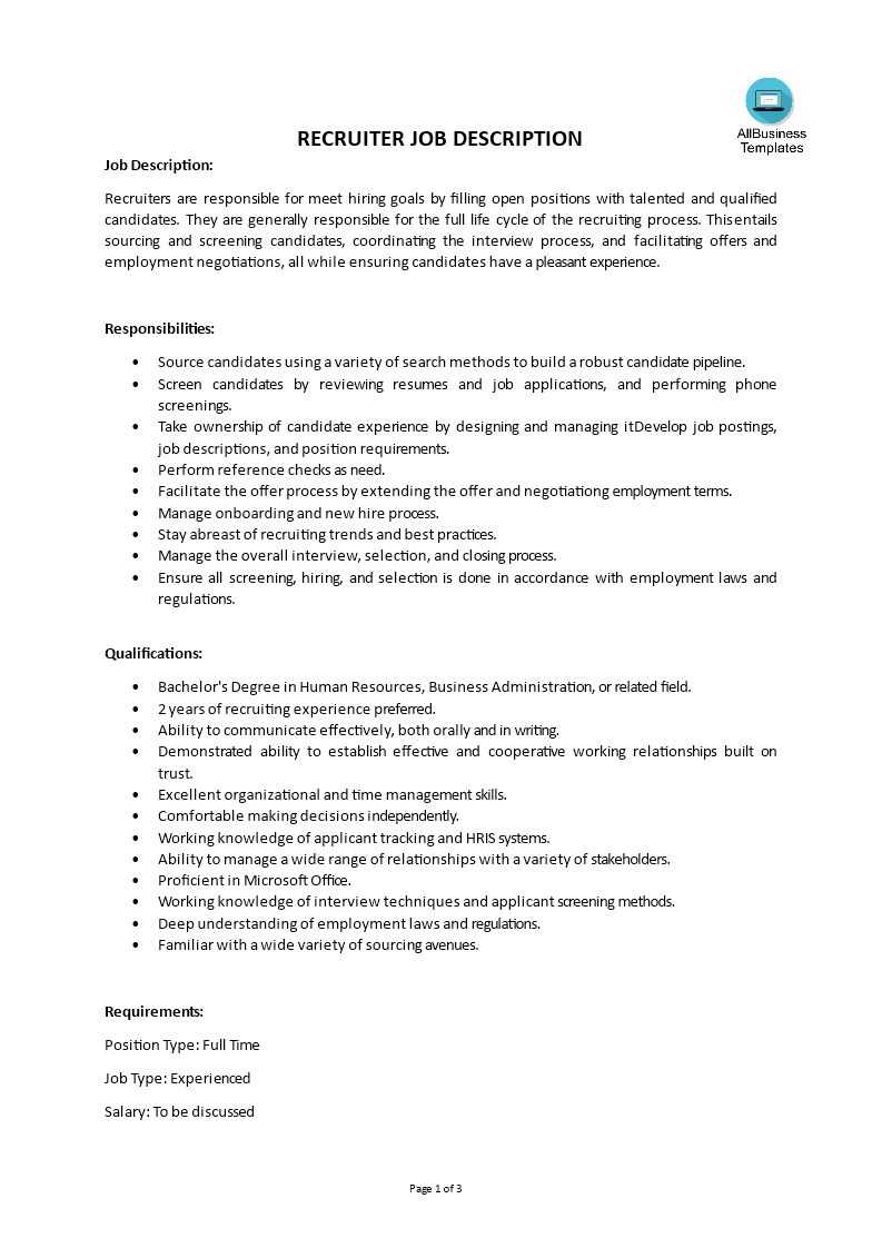 recruiting manager job description plantilla imagen principal