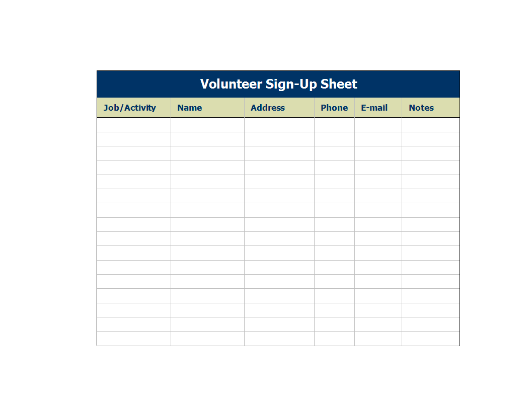 volunteer sign-up sheet in excel modèles