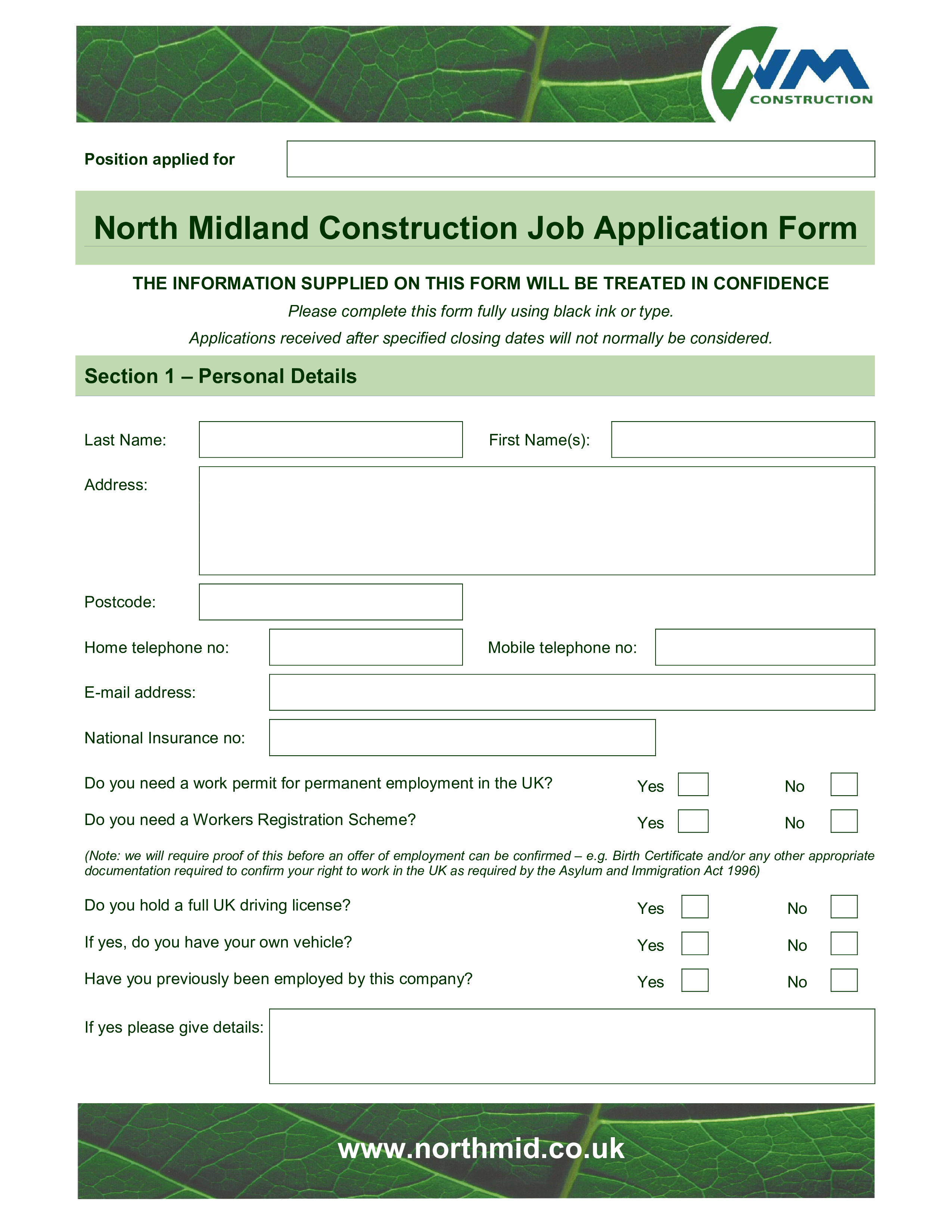 Construction Employee Application Form main image