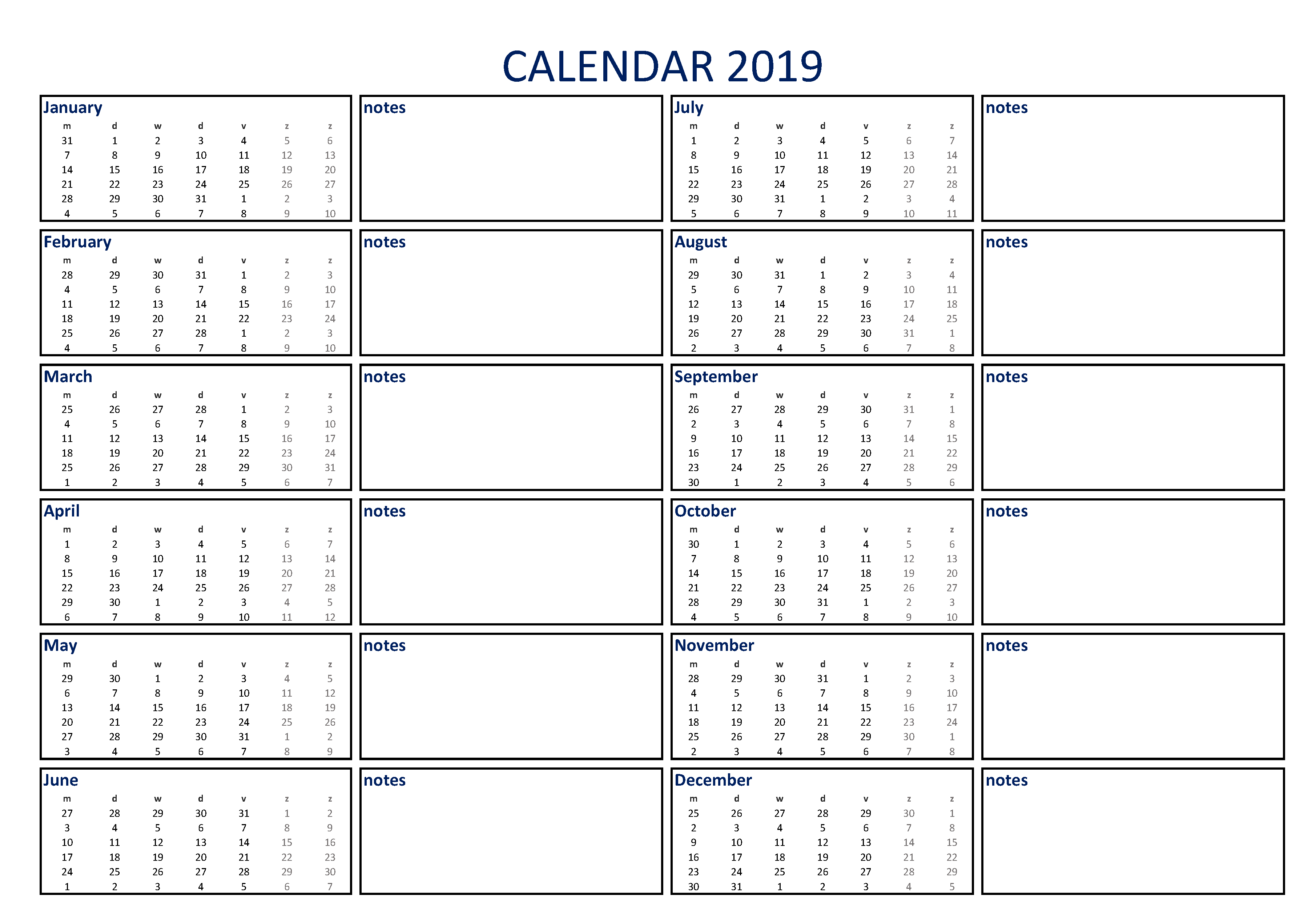Calendar 2019 with Notes A4 模板