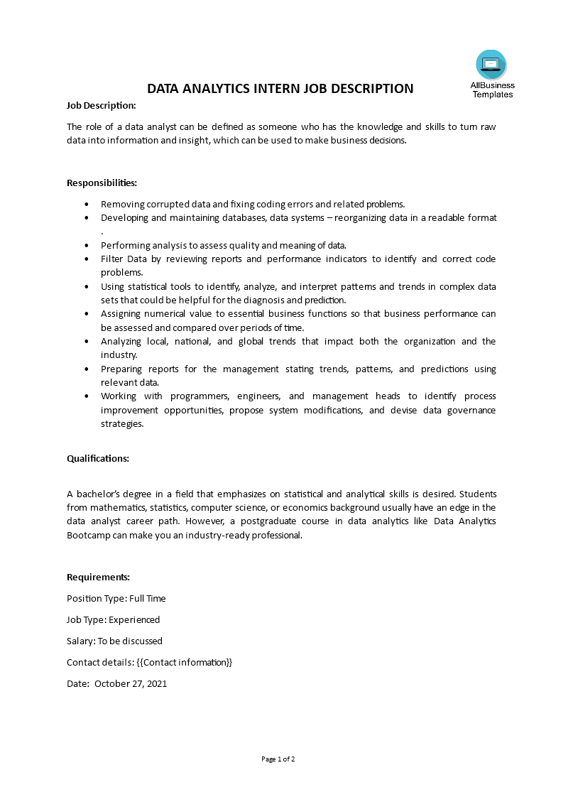 data analytics intern job description template