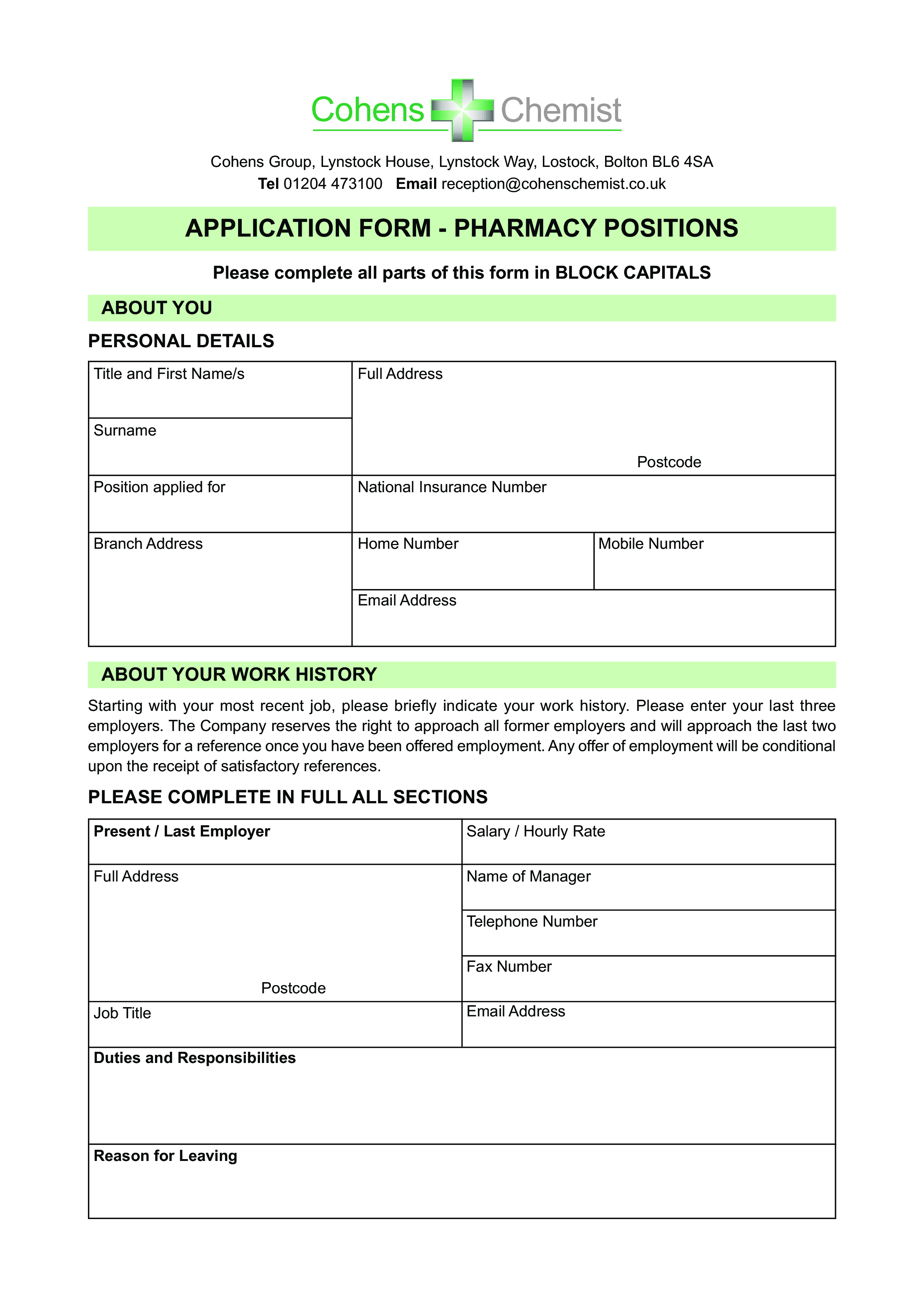 Application Form Pharmacy Positions main image
