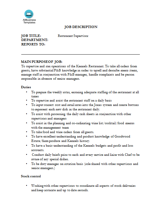 Supervisor Job Description for Restaurant main image
