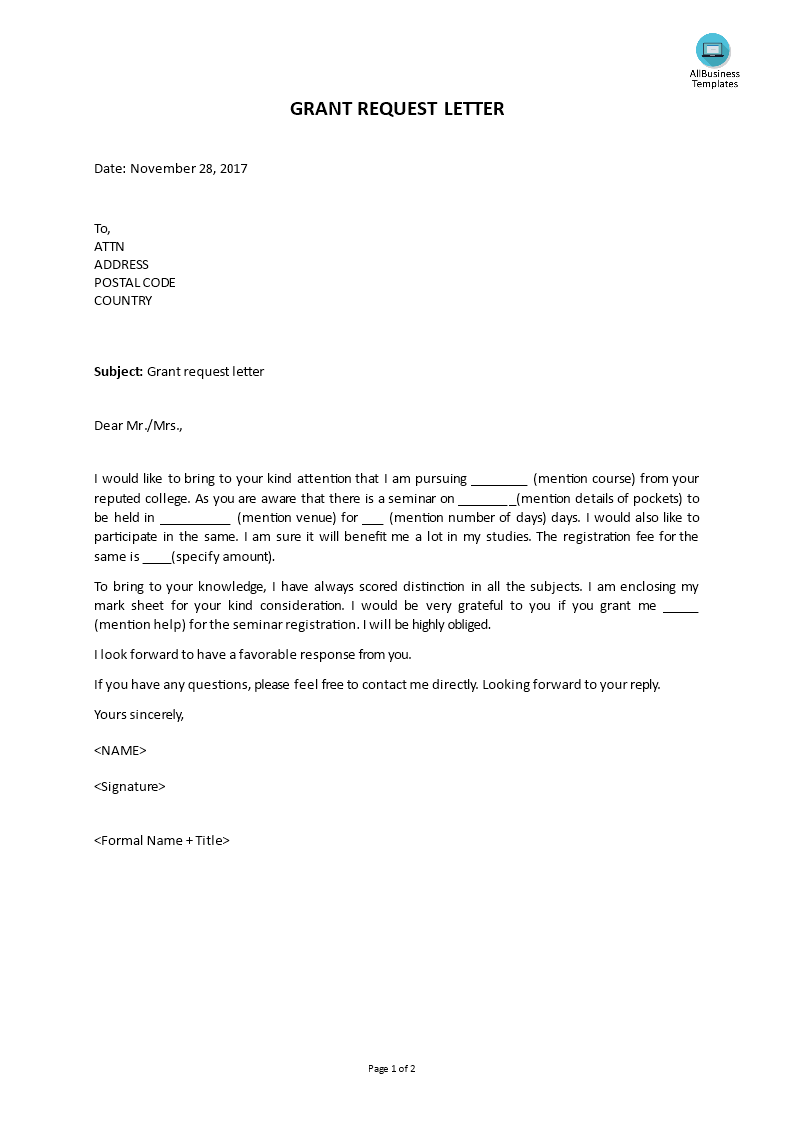 grant request letter sample template