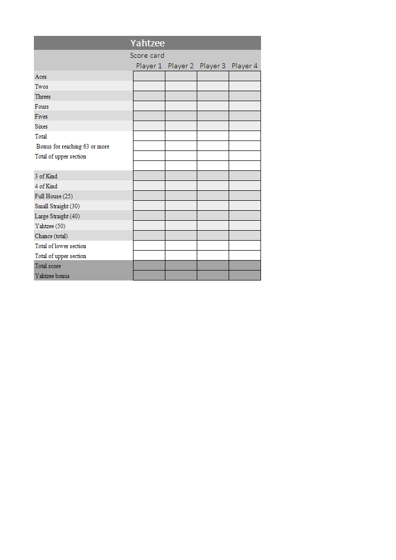 Yahtzee Score Sheets sample 模板