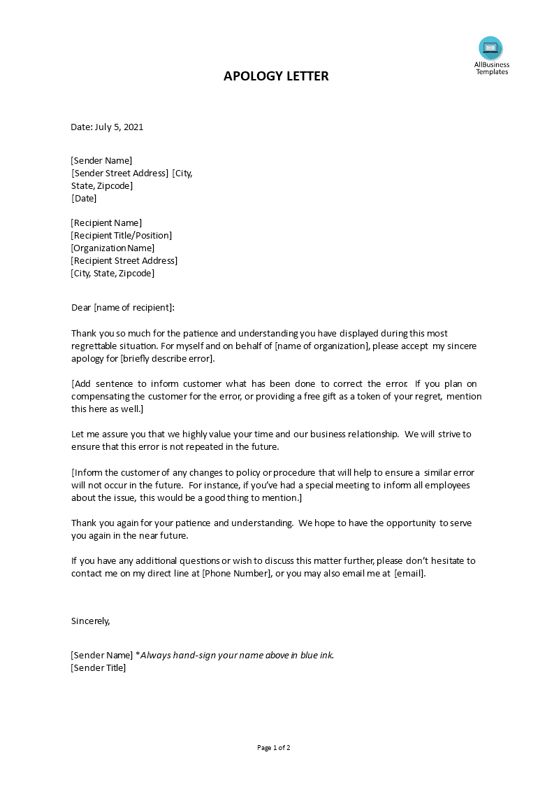 apology letter for mistake to customer template template