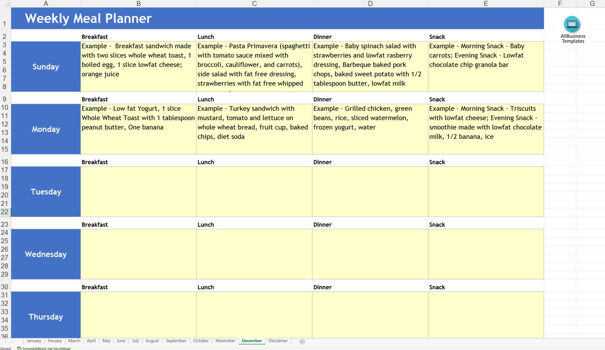 weekly meal planner menu template