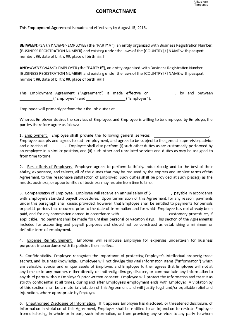 Basic Employment Agreement Example 模板