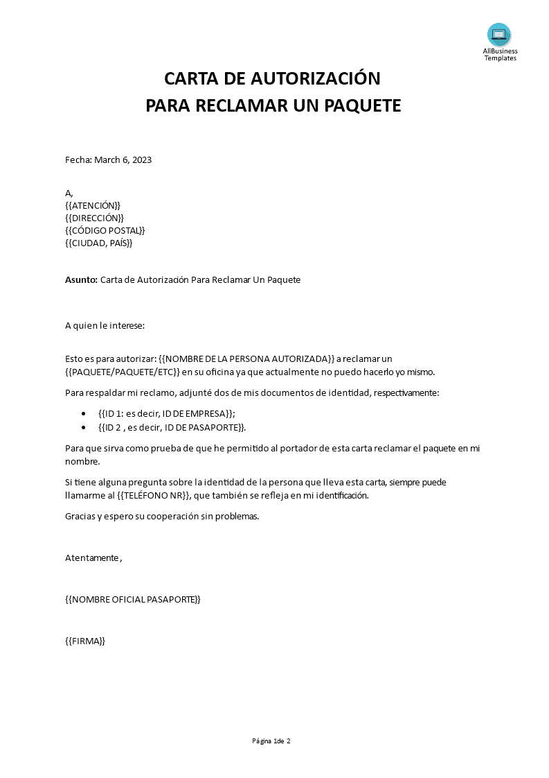 carta de autorización para reclamar un paquete Hauptschablonenbild
