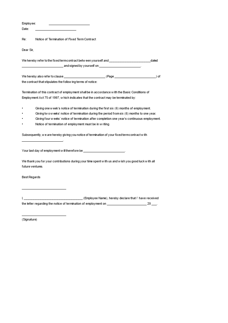 Sample Fixed Term Contract Termination Letter main image