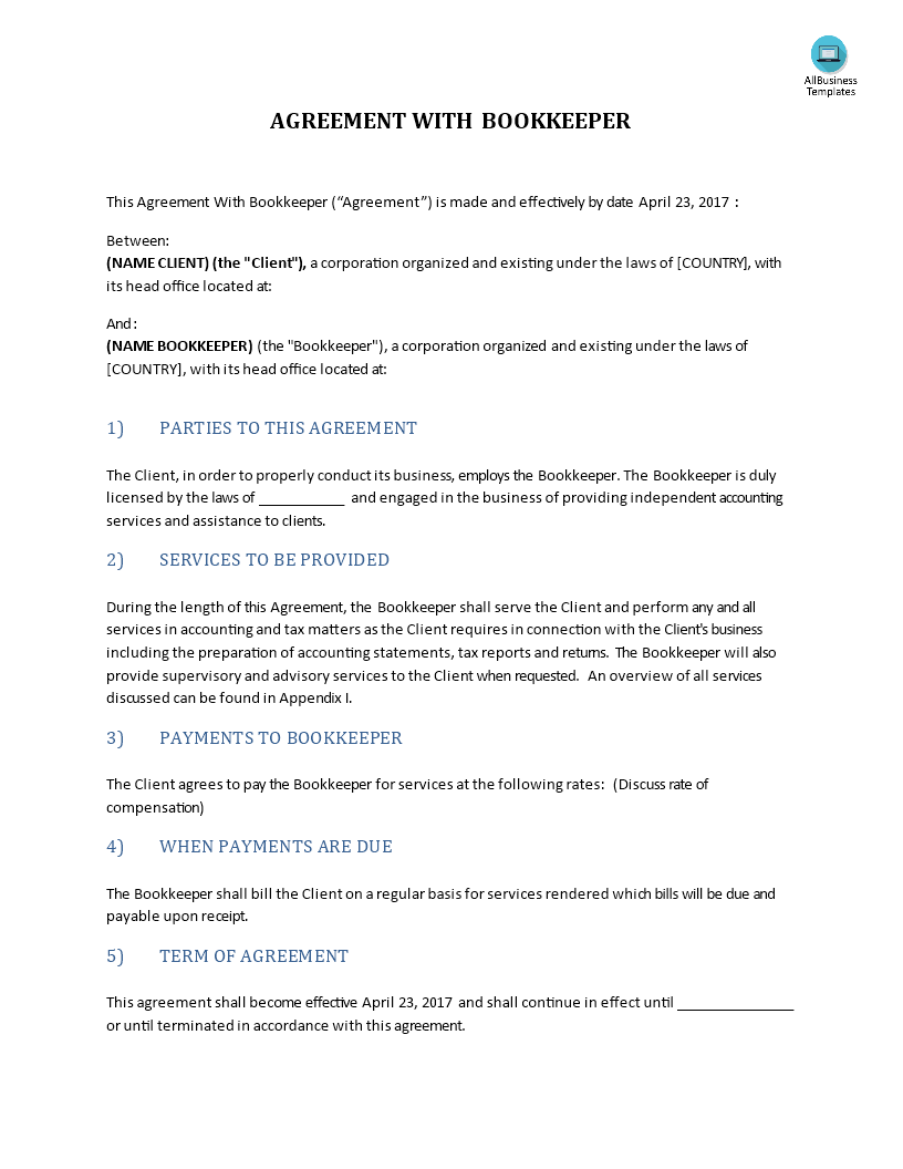 agreement with bookkeeper template
