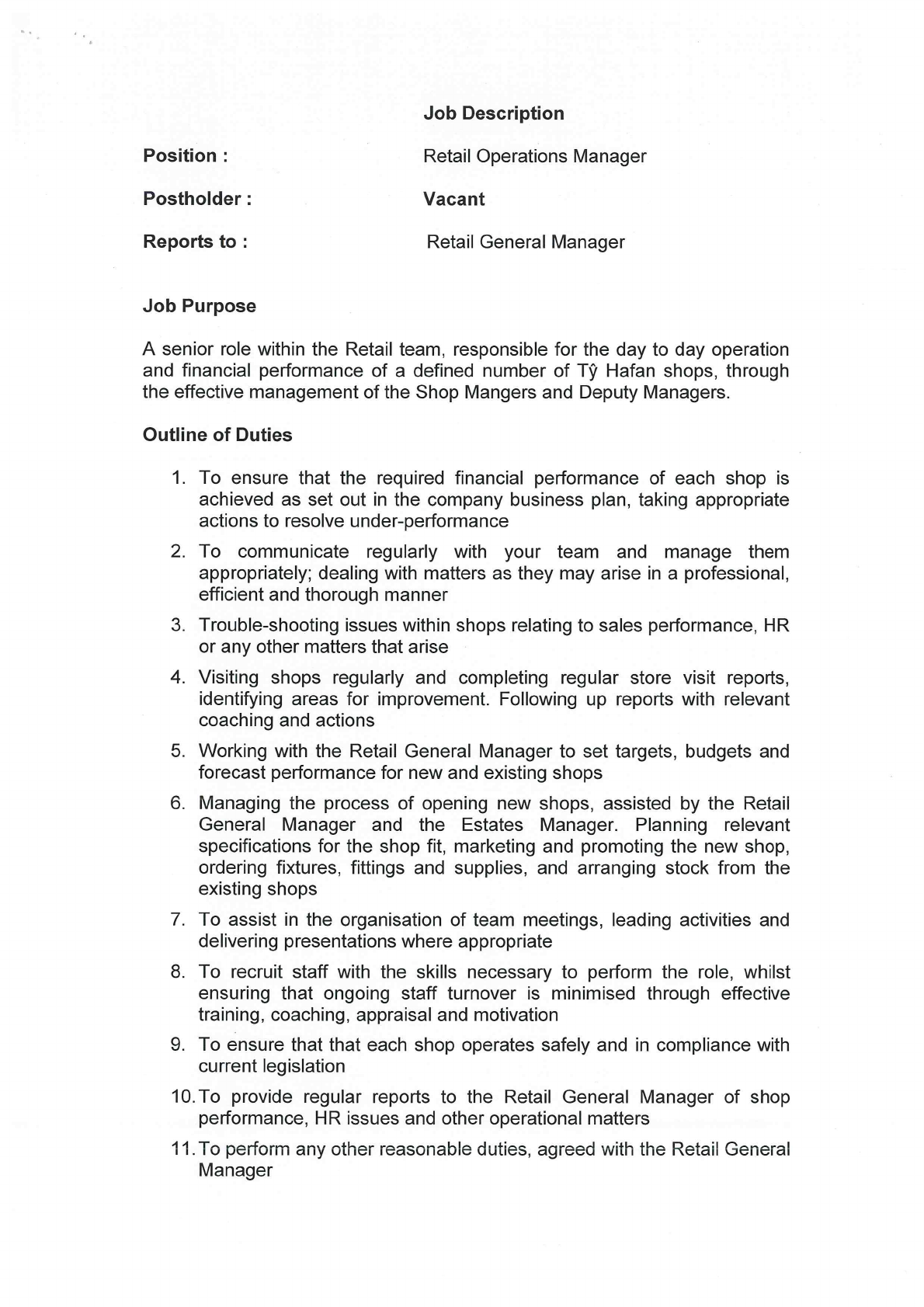 Preview Retail General Manager Job Vacancy Description
