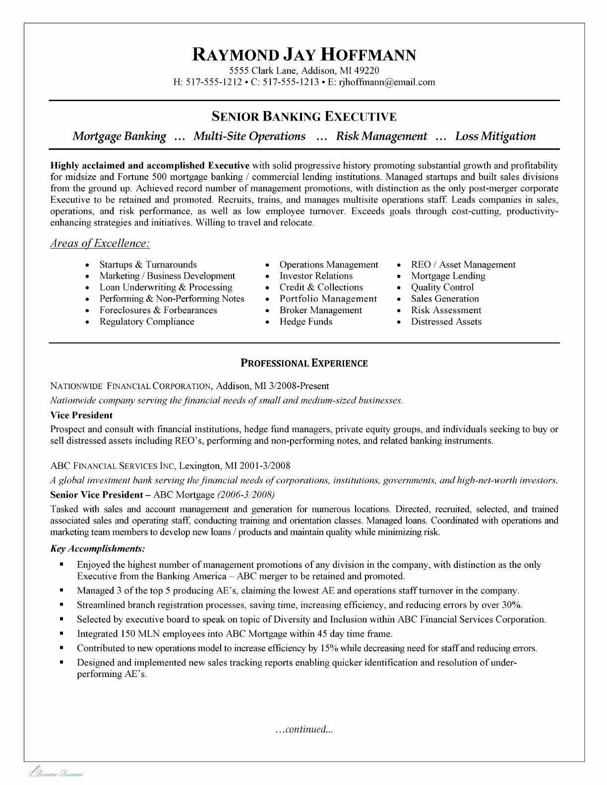 Preview Senior Banking Executive Resume