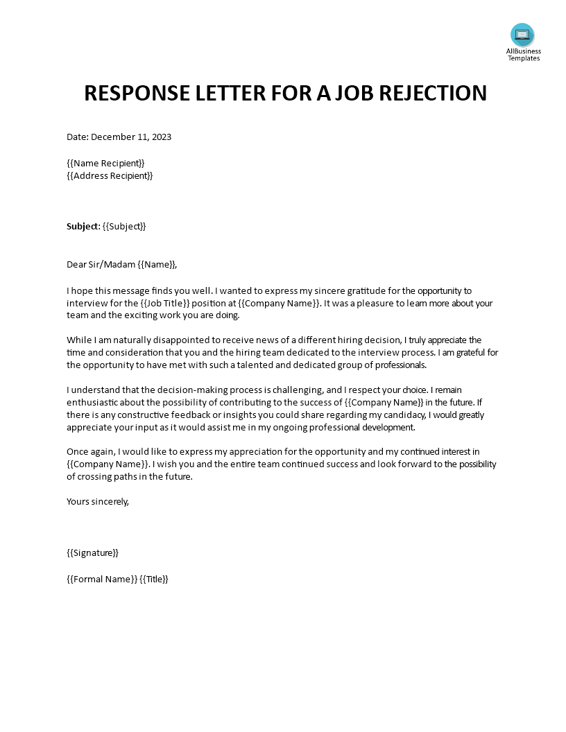 reply letter to rejection job position template