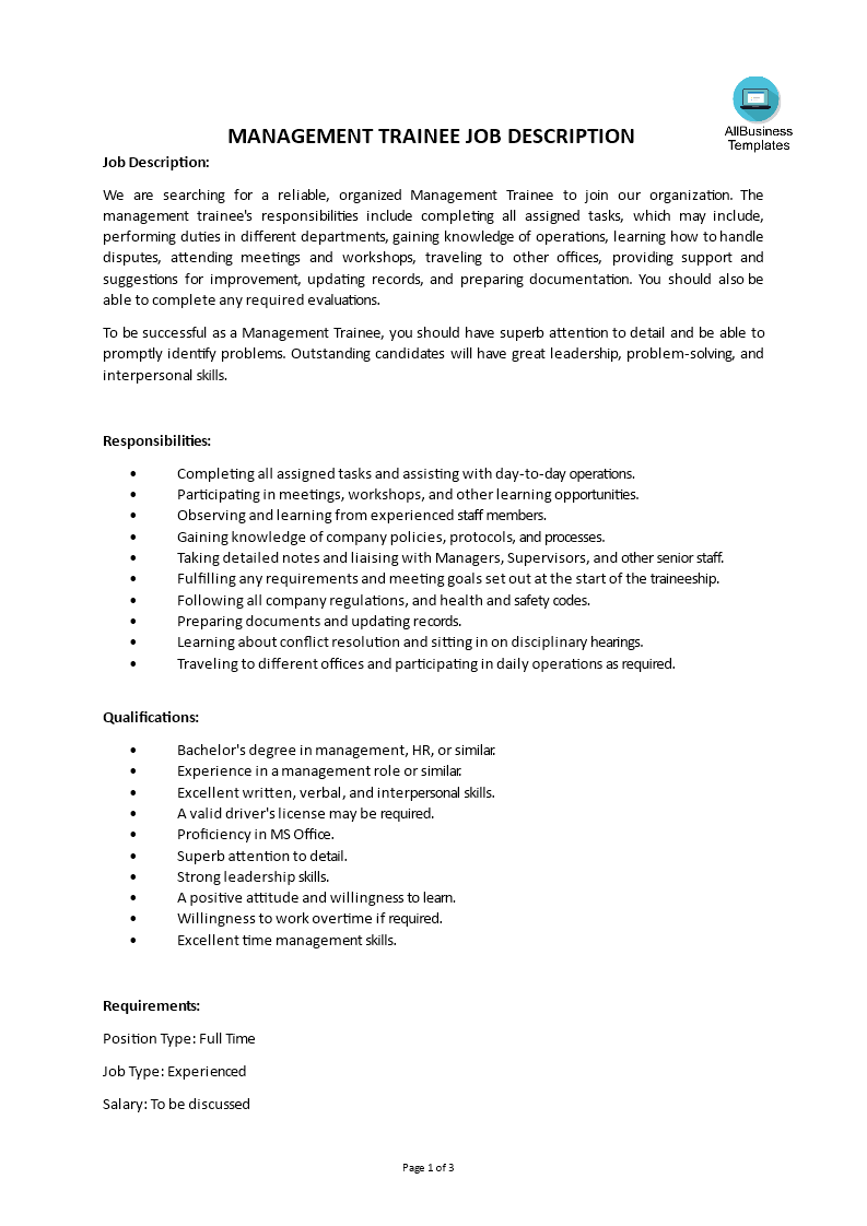 management trainee job description template