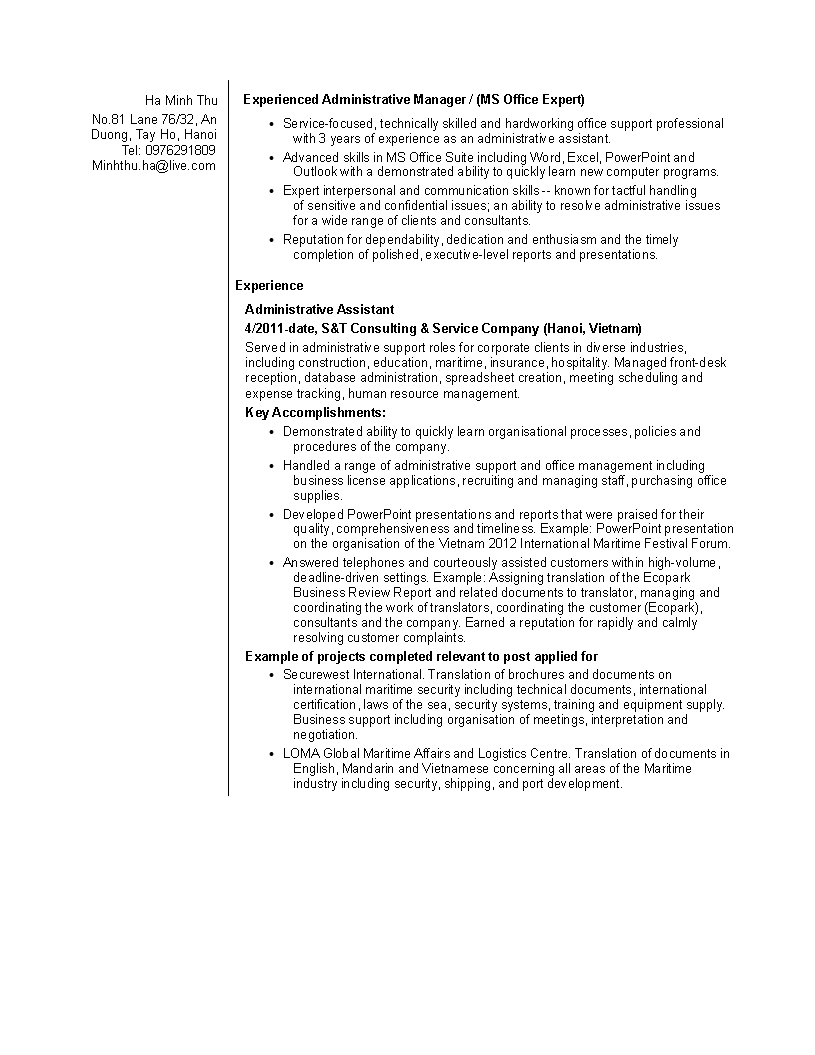 administrative manager work resume template